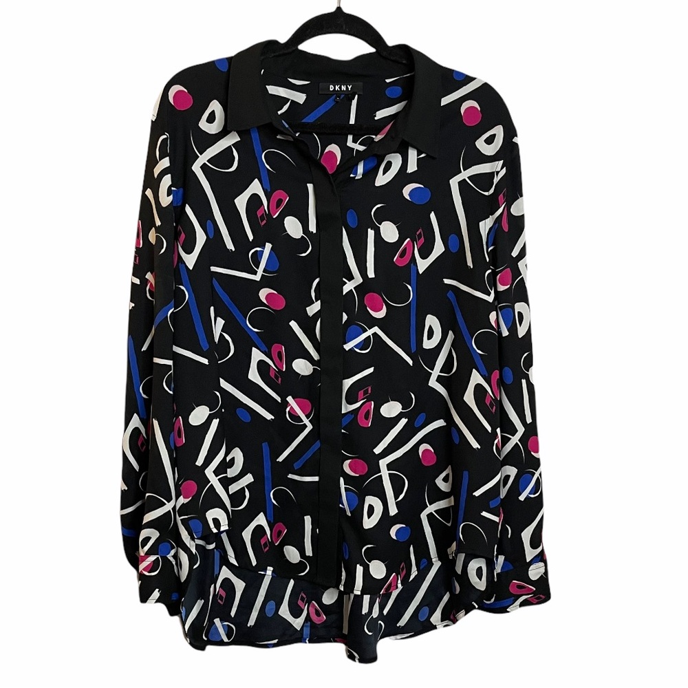 DKNY MULTICOLOR BUTTON DOWN LONG SLEEVE ABSTRACT PRINT DESIGN WOMEN’S SIZE XL